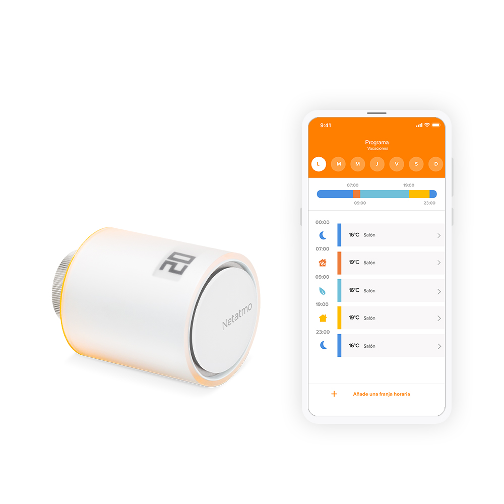 Válvula inteligente Netatmo instalada en un radiador con su pantalla encendida