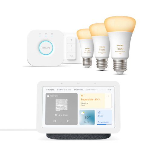 Pack Google Nest Hub Carbón + Kit. 3 bombillas E27 blancas regulables cálido-frío White Ambiance 9W + bridge + interruptor