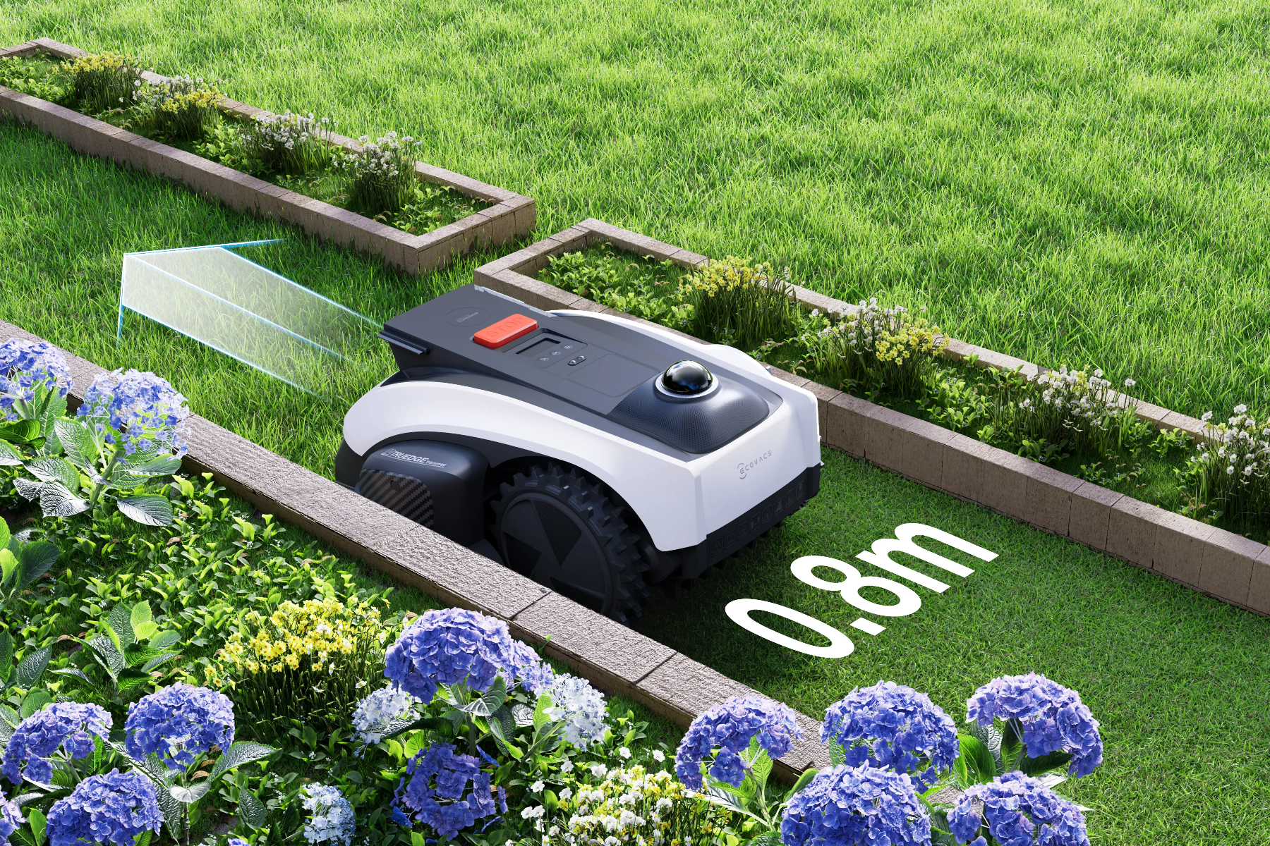 ECOVACS GOAT O1200 LiDAR PRO atravesando un pasillo estrecho de 0,8 m entre arriates y vallas guiado por su haz LiDAR