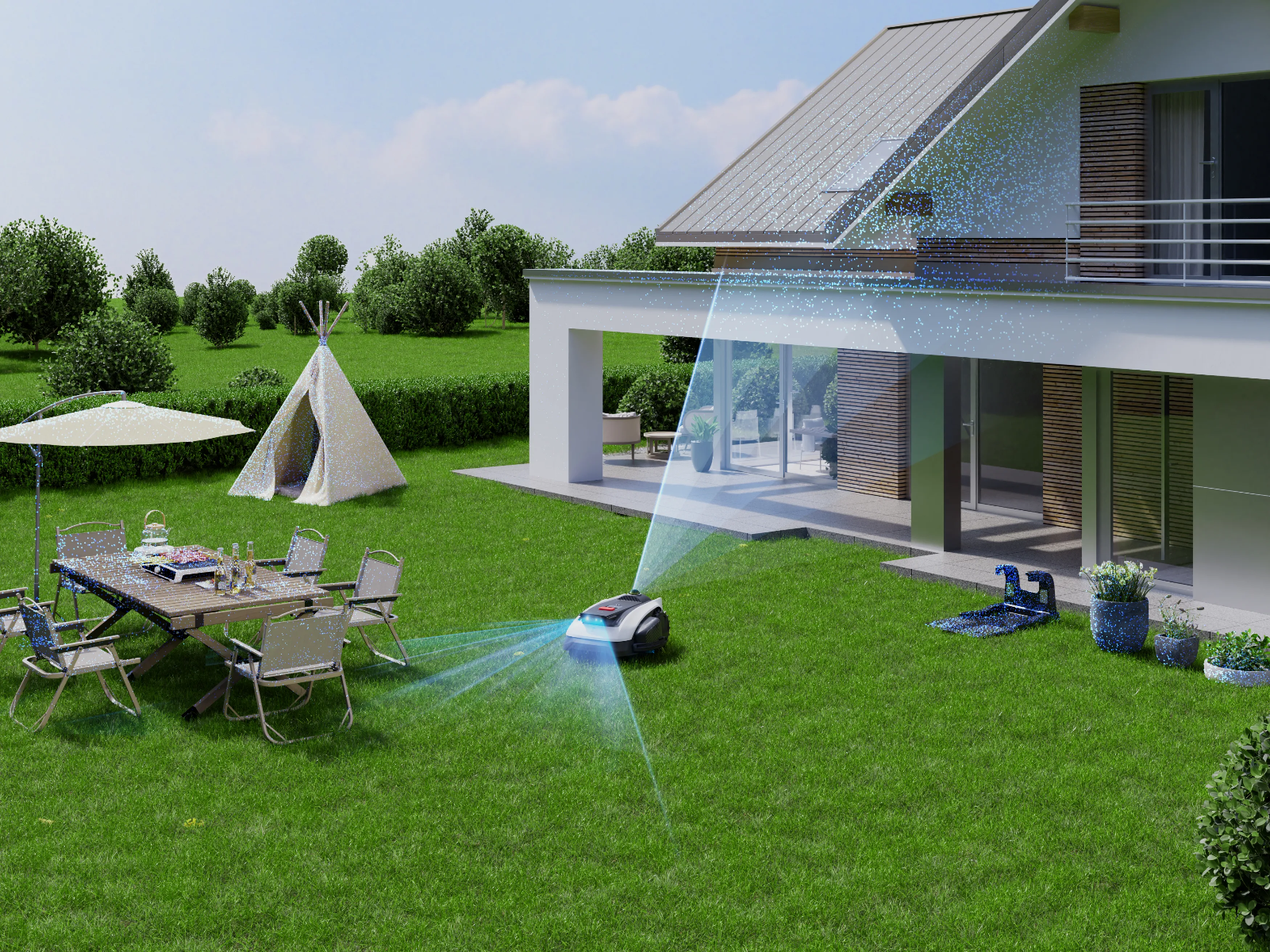 GOAT O1200 LiDAR PRO en un jardín de chalet barriendo el césped, la terraza y la casa con sus haces LiDAR para cartografiar la cobertura completa
