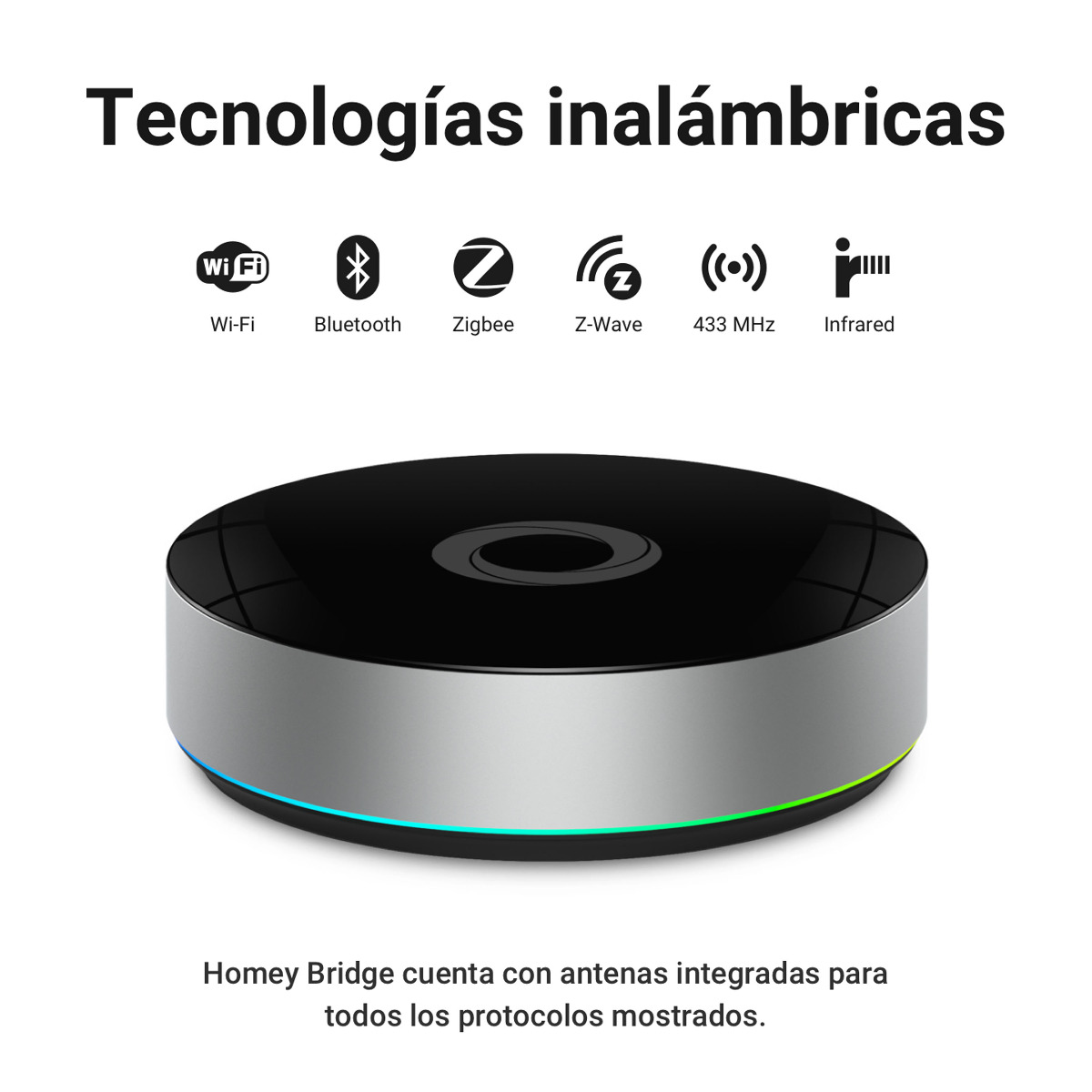 Tecnologías inalámbricas de Homey Bridge: Wi-Fi, Bluetooth, Zigbee, Z-Wave, 433 MHz e infrarrojos