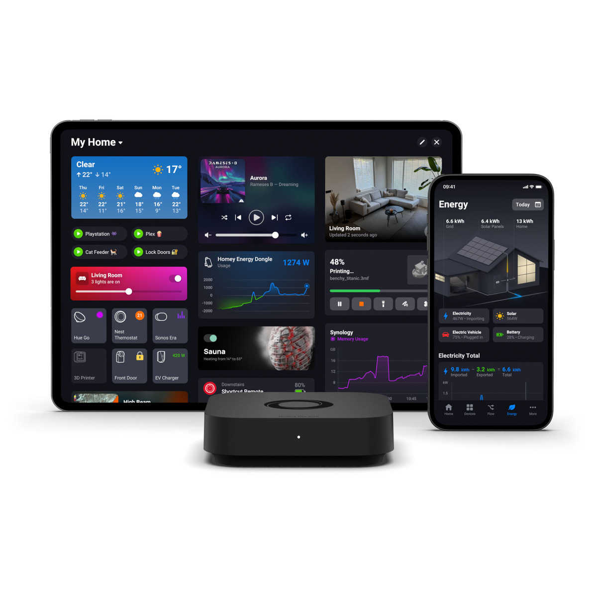 Homey Pro Mini con la app de Homey en tablet y móvil controlando dispositivos del hogar