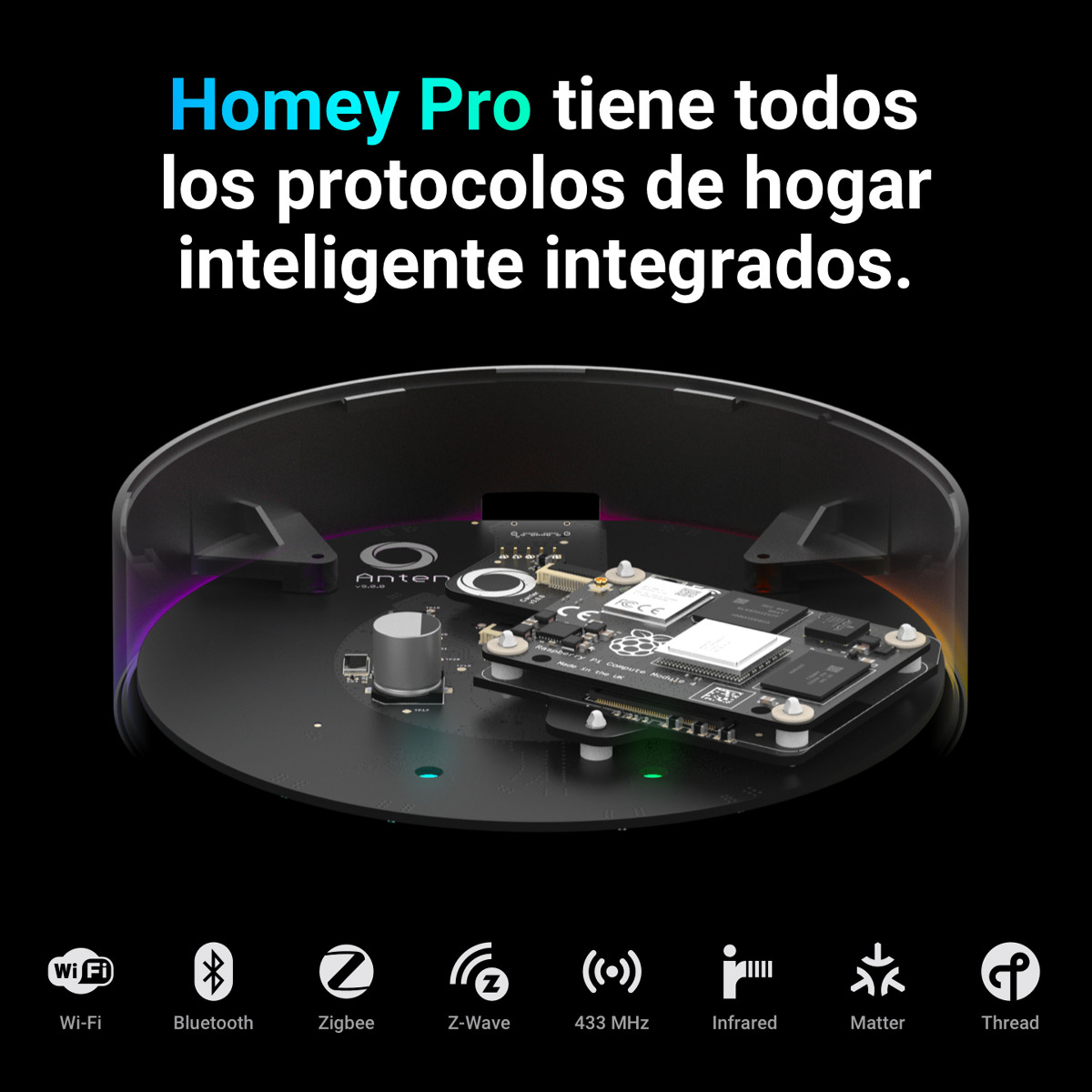 Homey Pro tiene todos los protocolos integrados: Wi-Fi, Bluetooth, Zigbee, Z-Wave, 433 MHz, Infrarrojos, Matter y Thread