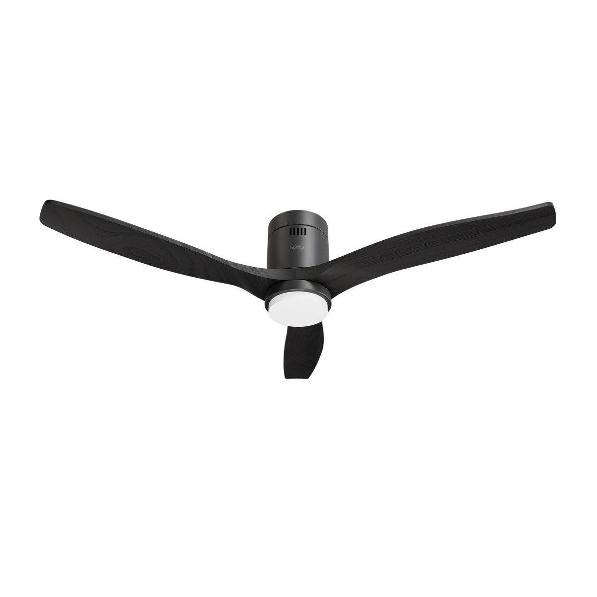 Ventilador de techo Hombli negro con aspas de madera y luz LED encendida
