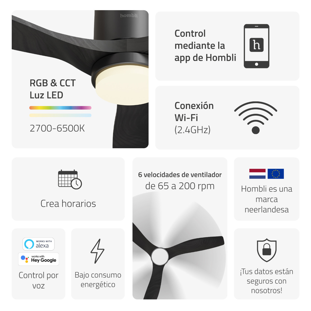 Detalle del ventilador de techo Hombli con cuerpo de acero negro y aspas de madera