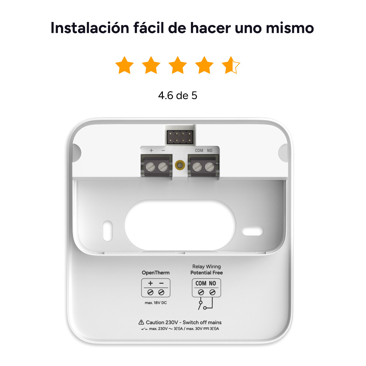 Parte trasera del termostato tado, preparada para la conexión al cableado de calefacción.