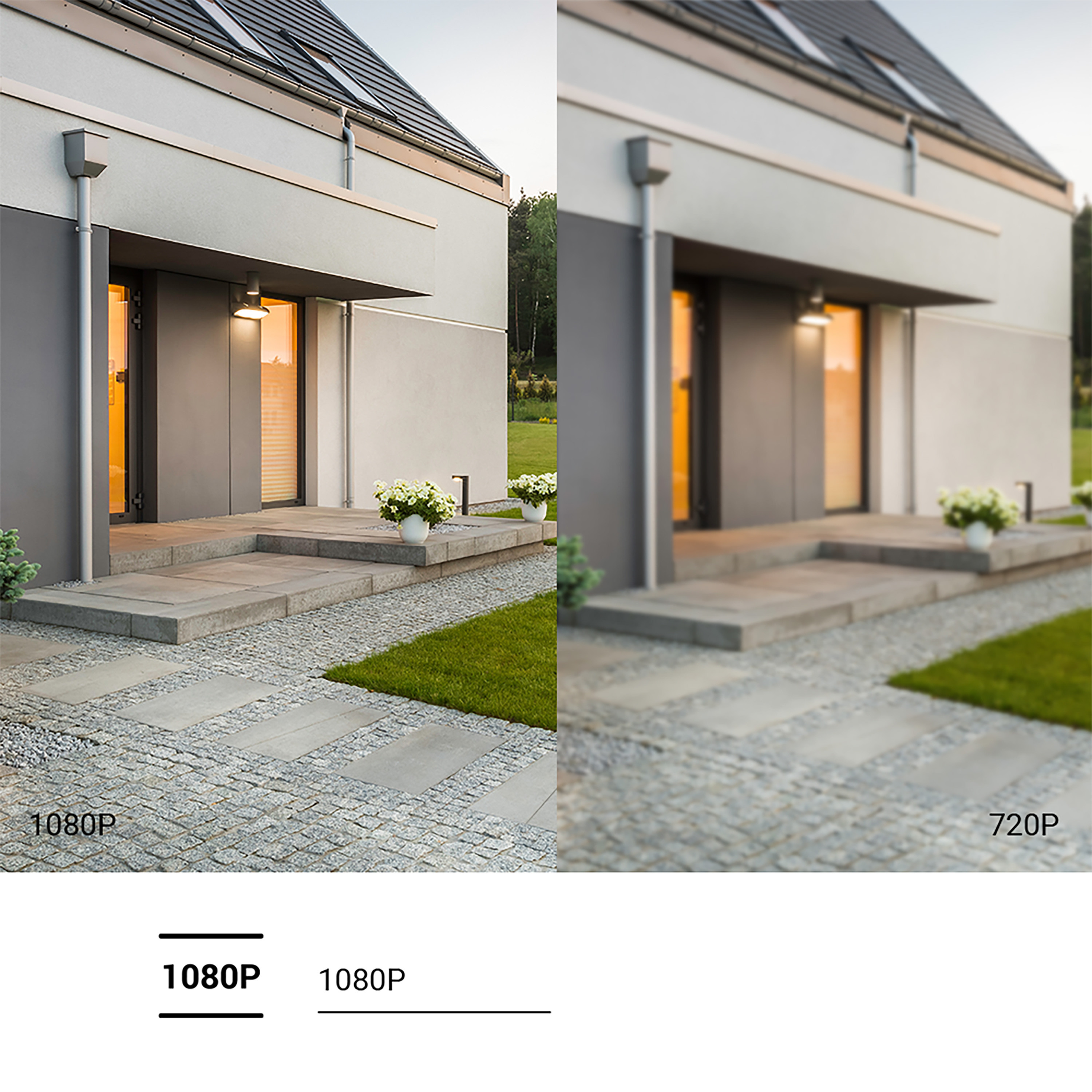 La imagen muestra una comparación de dos resoluciones de video, 1080P y 720P, en un entorno exterior de una casa moderna. Se observa la entrada principal con escalones de piedra y un jardín bien cuidado. La iluminación suave resalta la arquitectura contemporánea de la vivienda, mientras que la diferencia de calidad de imagen se ilustra claramente en los dos paneles. El lado izquierdo muestra la imagen en 1080P, que es más nítida y detallada, mientras que el lado derecho en 720P se ve más borroso.