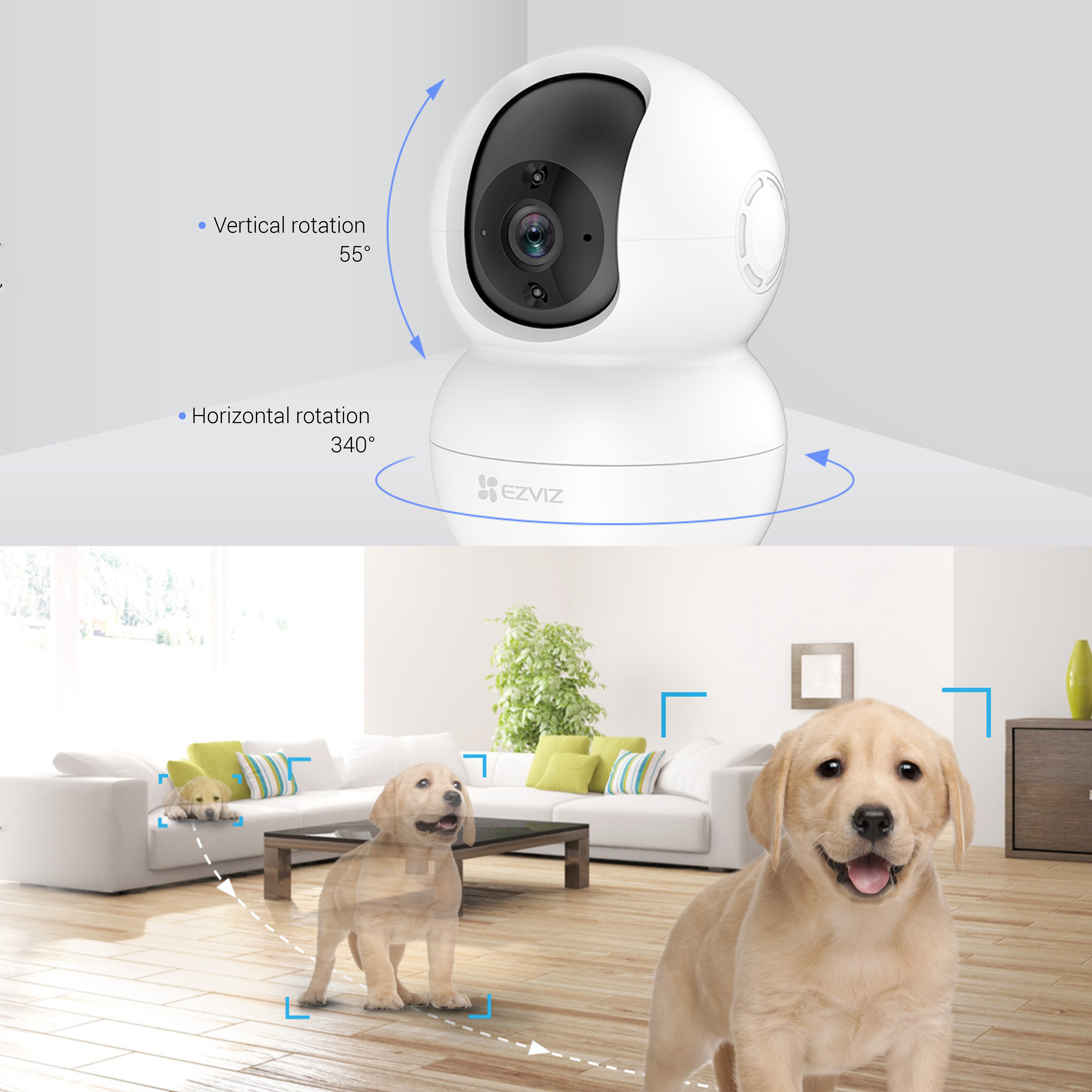 La imagen muestra una cámara de seguridad de la marca EZVIZ, diseñada para el hogar inteligente. El producto tiene un diseño moderno y compacto, con un acabado en blanco que se integra fácilmente en cualquier ambiente. Se destaca su capacidad de rotación vertical de 55° y horizontal de 340°, lo que permite una amplia cobertura de vigilancia. En el fondo, se observa un ambiente doméstico con un perro, lo que sugiere su uso para monitorear mascotas.