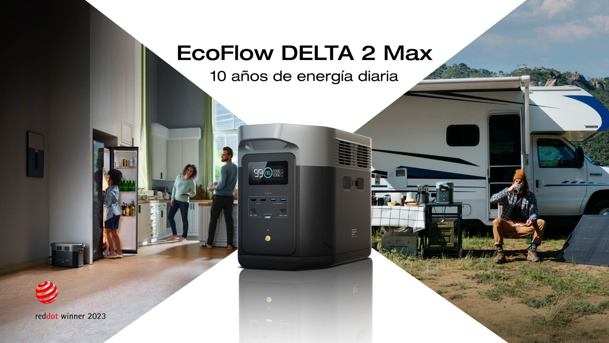 La imagen muestra el generador portátil EcoFlow DELTA 2 Max, diseñado para proporcionar energía diaria. A la izquierda, se observa un ambiente doméstico con una familia en la cocina, mientras que a la derecha, un hombre disfruta de un día al aire libre junto a una autocaravana. El producto se presenta en un ángulo que resalta su diseño moderno y funcional, con una pantalla digital que indica el nivel de carga. Los colores predominantes son tonos neutros y naturales, creando un contraste atractivo.