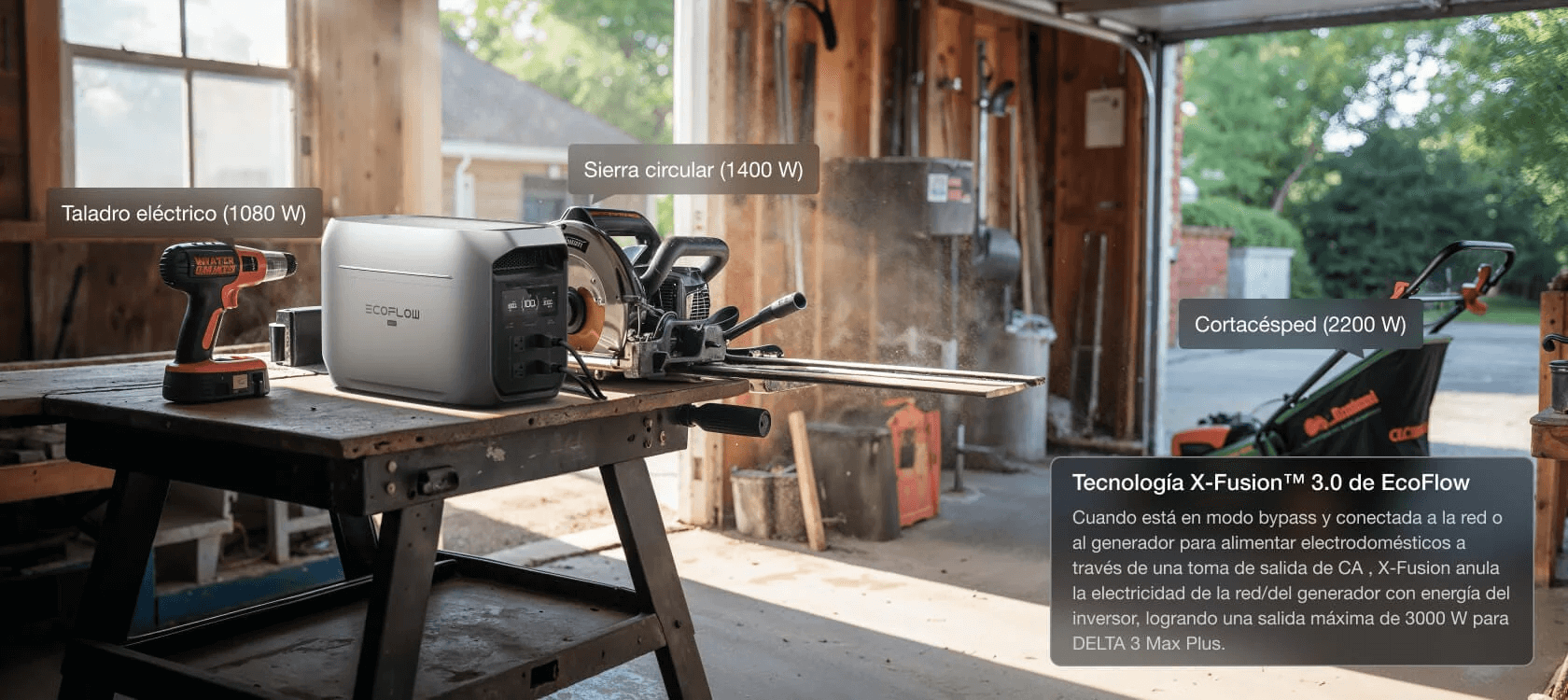 La imagen muestra un generador EcoFlow DELTA 3 Max en un garaje, rodeado de herramientas eléctricas. Se pueden ver un taladro eléctrico, una sierra circular y un cortacésped, cada uno con su respectivo consumo de energía indicado. El ambiente es de trabajo, con luz natural que entra por una ventana, creando un contraste entre los colores metálicos del generador y los tonos cálidos de la madera. La imagen está tomada desde un ángulo que resalta la funcionalidad del generador junto a las herramientas.