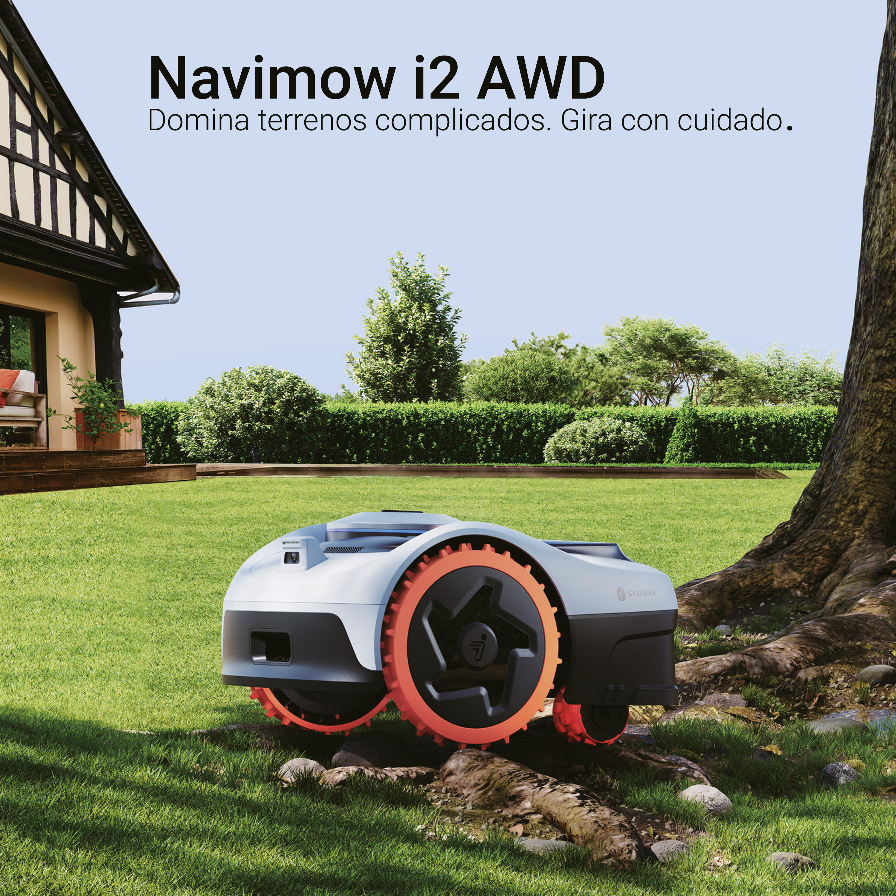 La imagen muestra un robot cortacésped Navimow i2 AWD en un jardín bien cuidado. El dispositivo, de color blanco con detalles en negro y ruedas naranjas, está diseñado para dominar terrenos complicados, como se indica en el texto. Se encuentra en un entorno verde y soleado, rodeado de césped y arbustos, lo que sugiere su uso en exteriores. El ángulo de la toma resalta la robustez del producto y su capacidad para maniobrar en diferentes superficies.
