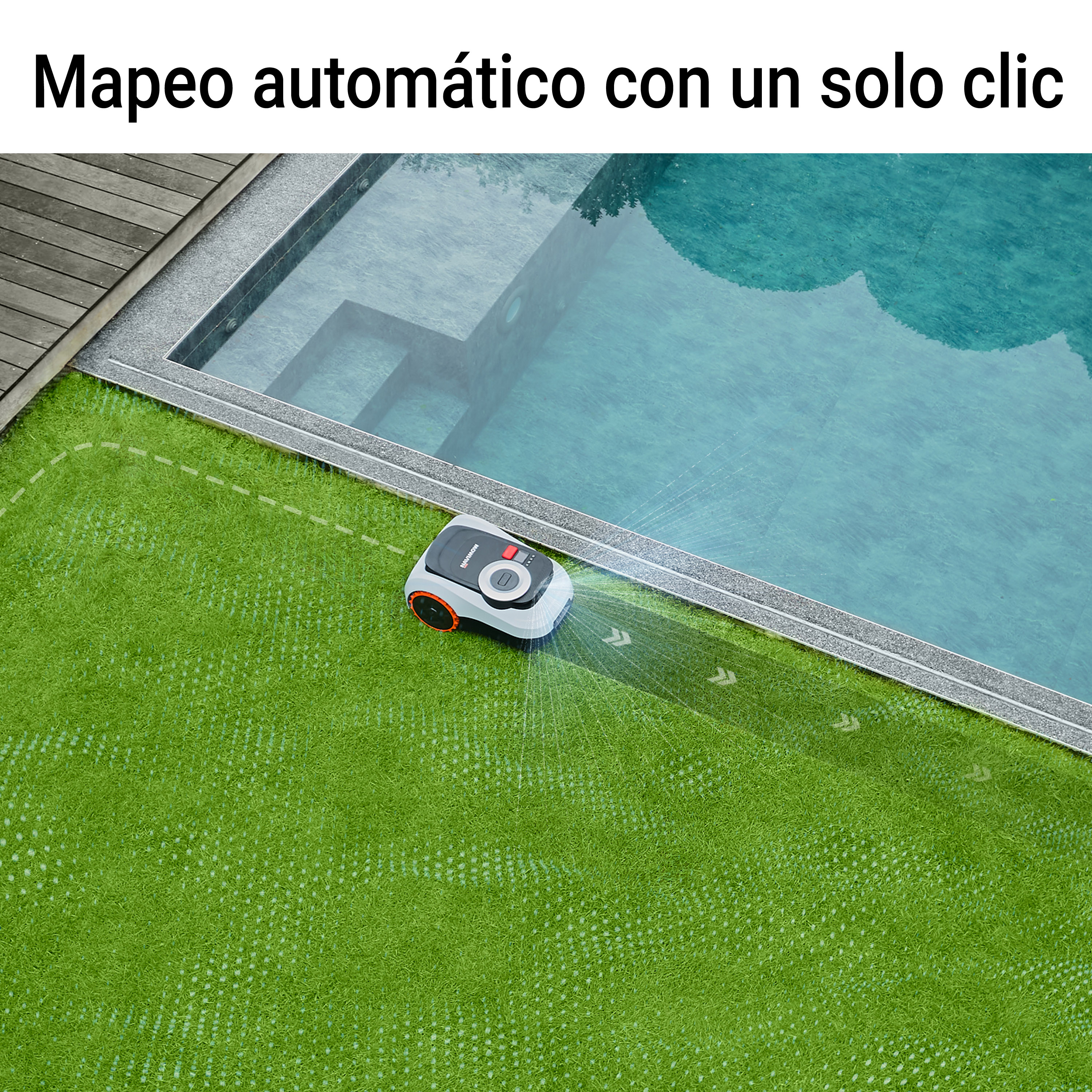 La imagen muestra un robot de limpieza de césped, modelo Navimow, en acción cerca de una piscina. El robot está diseñado para mapear automáticamente el área con un solo clic, lo que sugiere su facilidad de uso. El entorno es exterior, con césped verde vibrante y una piscina clara al fondo. La perspectiva es aérea, lo que permite ver el recorrido que el robot está realizando.