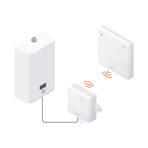 La imagen muestra un sistema de domótica de la marca Netatmo, que incluye un calentador de agua y un dispositivo de control inalámbrico. El calentador es de color blanco, con un diseño moderno y minimalista, mientras que el dispositivo de control también es blanco y se presenta con un diseño sencillo. Se observan ondas que indican la comunicación inalámbrica entre ambos dispositivos, sugiriendo su funcionalidad en un entorno de hogar inteligente. El ángulo de la imagen permite ver claramente ambos dispositivos y su conexión.