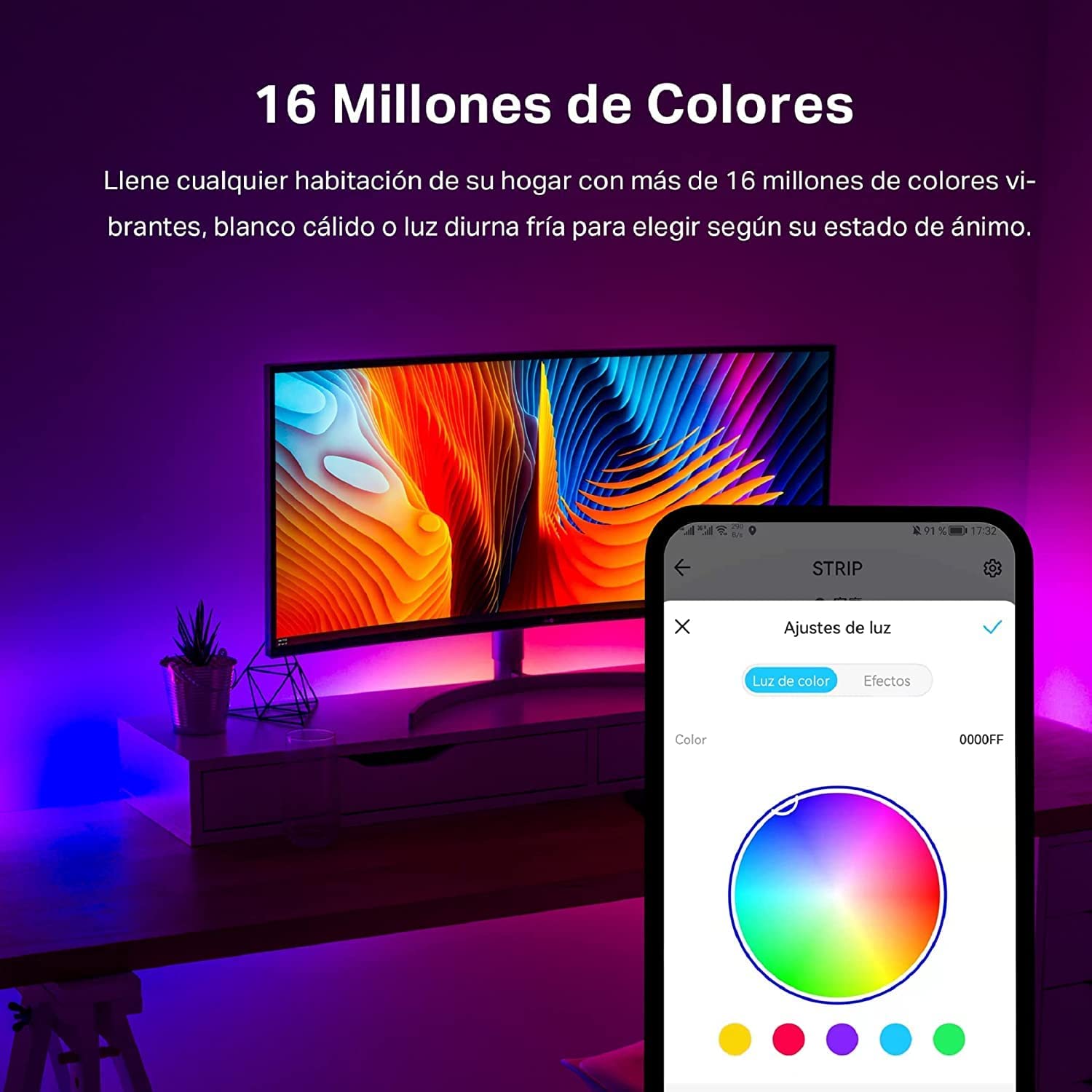 La imagen muestra un ambiente moderno y acogedor iluminado con luces LED de la marca TP-Link Tapo. En el fondo, se observa un televisor con colores vibrantes que contrastan con la luz ambiental. En primer plano, se ve un teléfono móvil que muestra la interfaz de la aplicación para ajustar la iluminación, destacando la opción de elegir entre más de 16 millones de colores. Los tonos predominantes son púrpuras y azules, creando una atmósfera relajante y tecnológica.