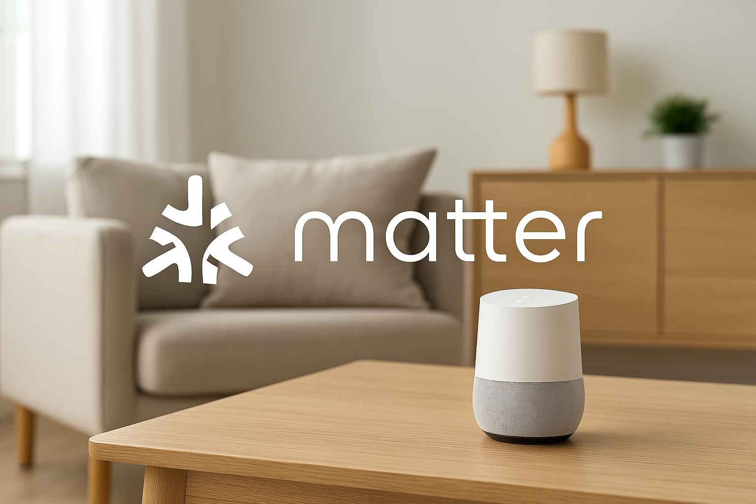 La imagen muestra un dispositivo de domótica, probablemente un altavoz inteligente, situado sobre una mesa de madera clara en un ambiente moderno y acogedor. Al fondo, se puede ver un sofá de color beige y una lámpara de mesa, lo que sugiere un espacio de sala de estar. La paleta de colores es suave, predominando los tonos neutros, lo que crea una atmósfera tranquila y elegante. El logo de 'matter' está presente, indicando la compatibilidad del dispositivo con este estándar de conectividad.