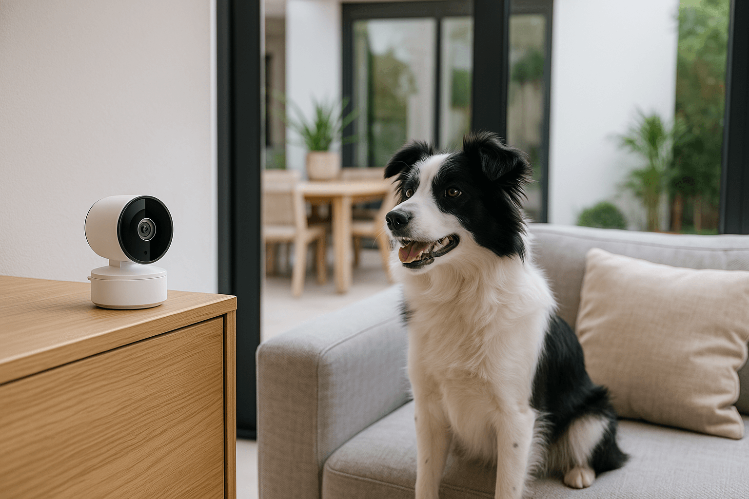 La imagen muestra una cámara de vigilancia para mascotas colocada sobre un mueble de madera clara. En primer plano, se observa un perro de raza Border Collie sentado en un sofá gris claro, mirando hacia la cámara. El ambiente es moderno y luminoso, con grandes ventanales que permiten la entrada de luz natural y plantas decorativas al fondo. Los colores predominantes son neutros, creando una atmósfera acogedora y contemporánea.