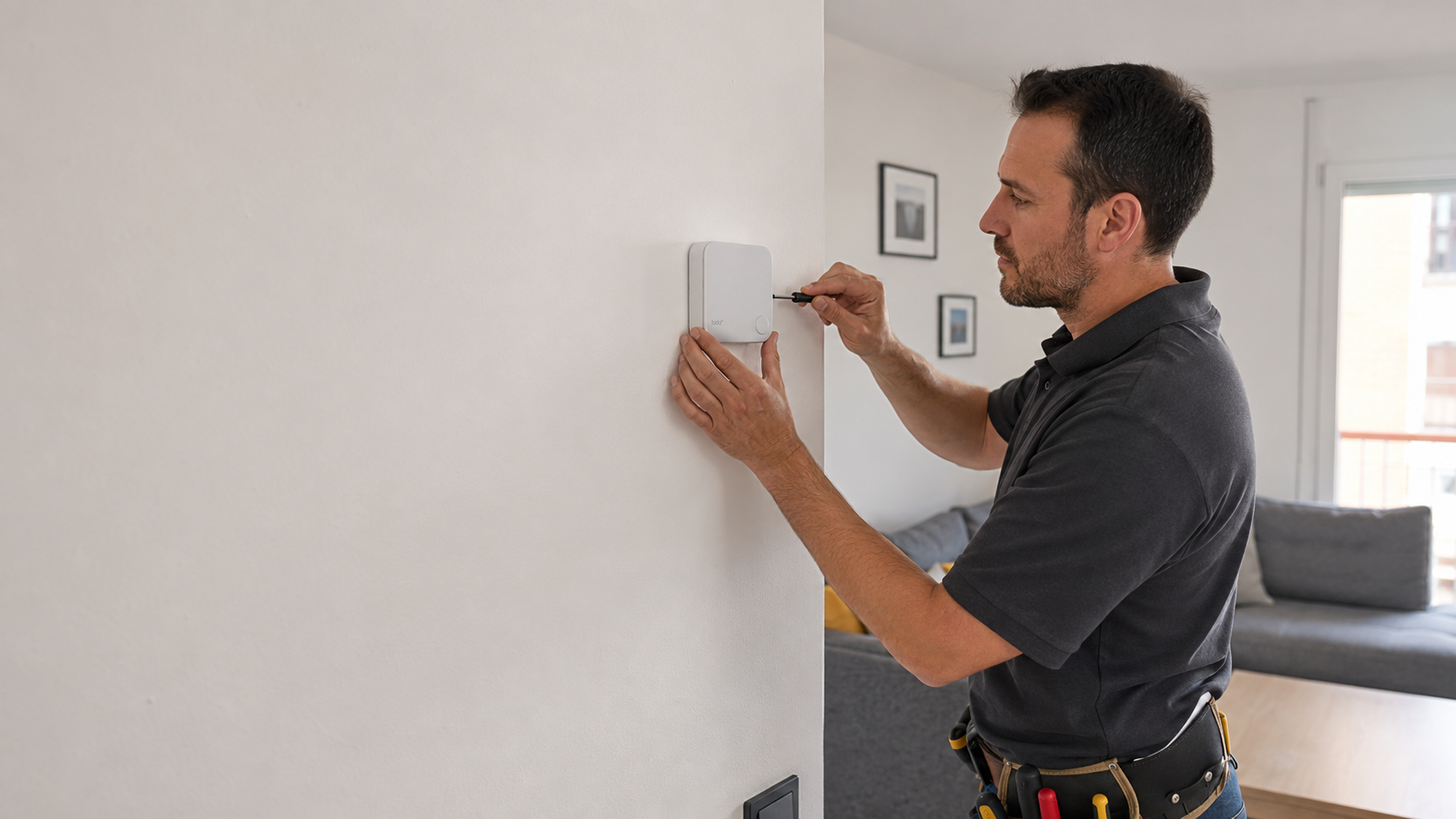 Un instalador montando un termostato en la pared del salón