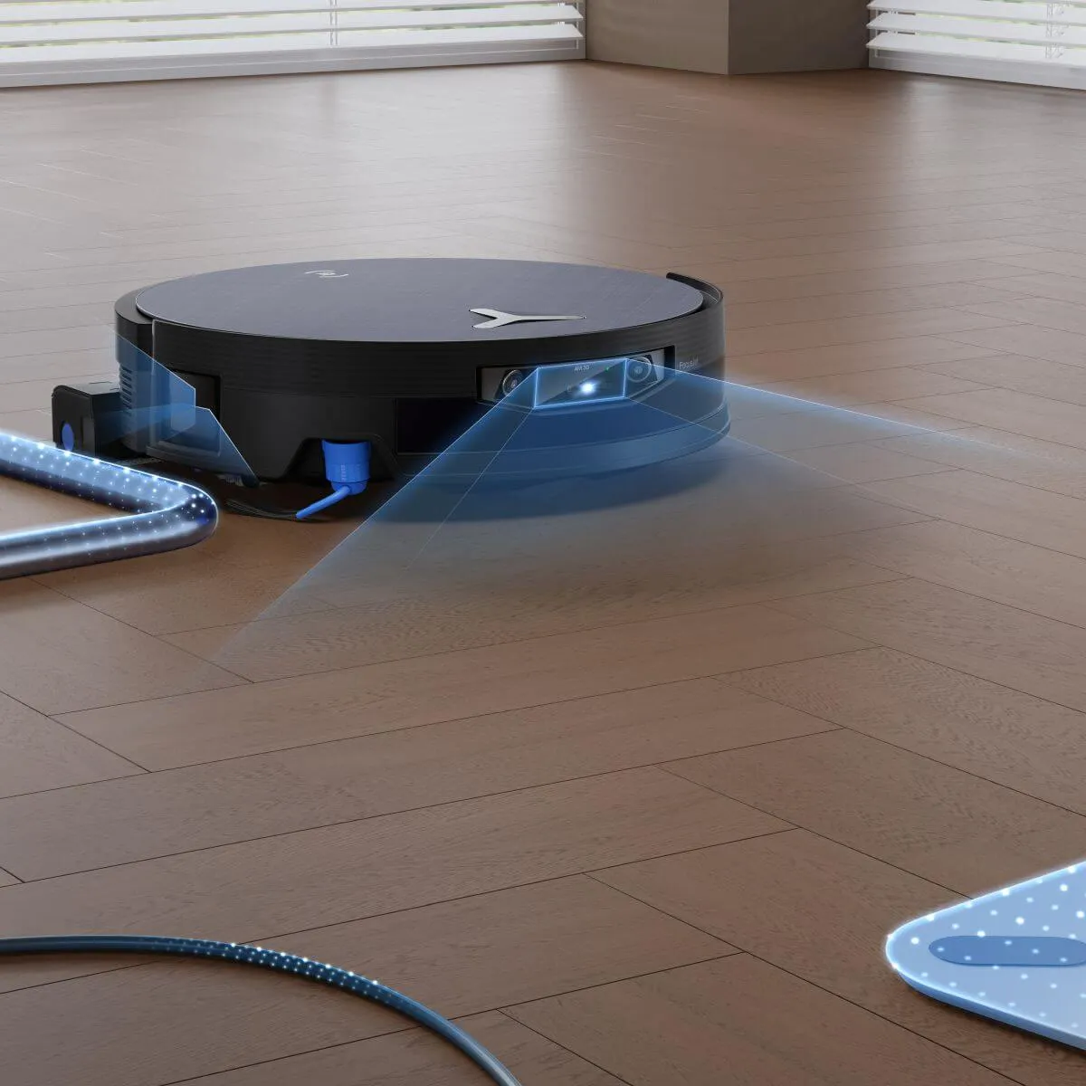 La imagen muestra un robot aspirador de la marca Ecovacs, modelo DEEBOT X12, diseñado para la limpieza automática de suelos. Se observa el dispositivo en un entorno doméstico, destacando su tecnología avanzada de navegación y limpieza.