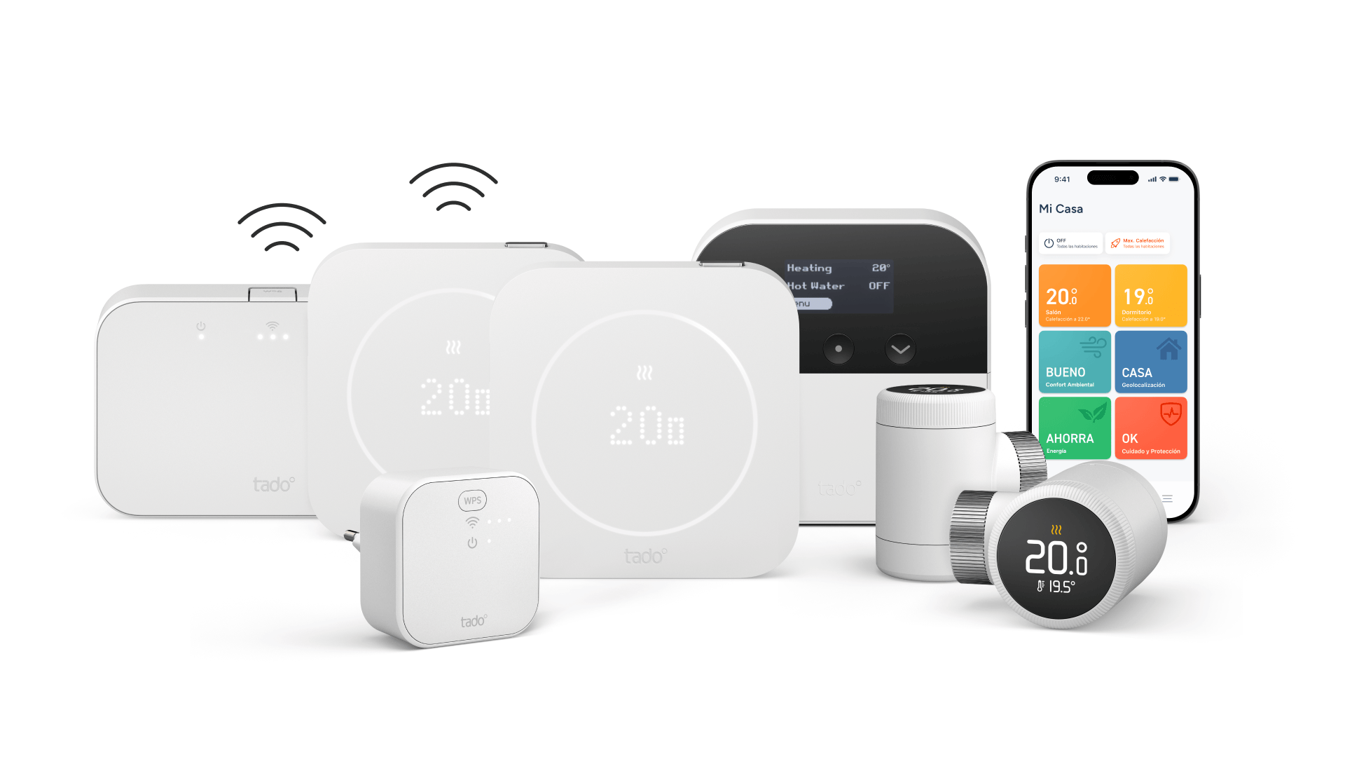 La imagen muestra una variedad de dispositivos de domótica de la marca tado°, incluyendo un termostato inteligente, válvulas de radiador y un controlador de calefacción. Estos productos están diseñados para optimizar el consumo energético y mejorar el confort en el hogar, permitiendo un control remoto a través de una aplicación móvil.